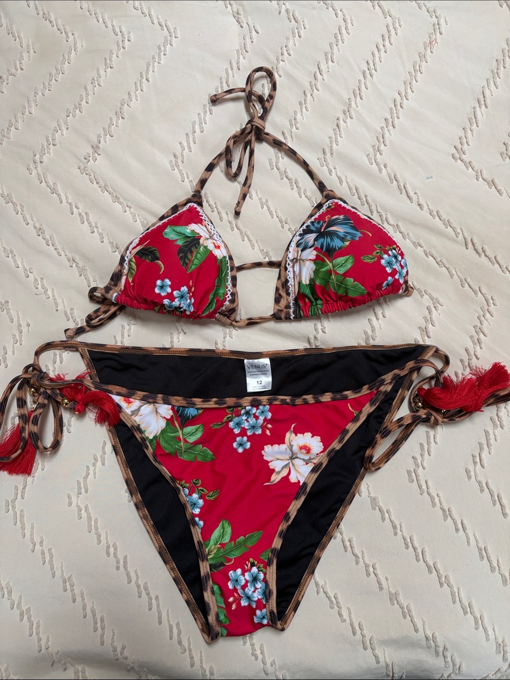 VENUS Red Floral Bikini Bottom with Leopard Trim